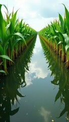 Naklejka premium Flooded corn field with crops partially submerged, flooded farmland, flooded fields, crops wet