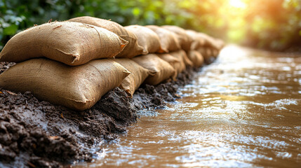 Sandbags lined along a riverbank representing flood resilience and water mitigation efforts in a modern, minimalistic scene with bright tones and empty caption space

