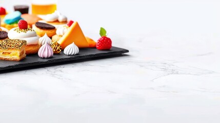 A colorful assortment of delightful pastries and sweets arranged on a black platter against a light background.