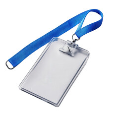Clear plastic badge holder with blue lanyard isolated on black background