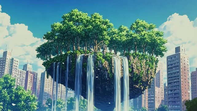 Anime scene urban oasis. A majestic waterfall cascades from a heart-shaped floating island, amidst a vibrant urban landscape, offering a captivating glimpse into a world where nature and city life coe