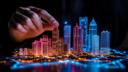 Shaping the City of Tomorrow: A hand delicately places a glowing building onto a futuristic cityscape model, illuminated in vibrant pink and blue hues, symbolizing innovation, progress.