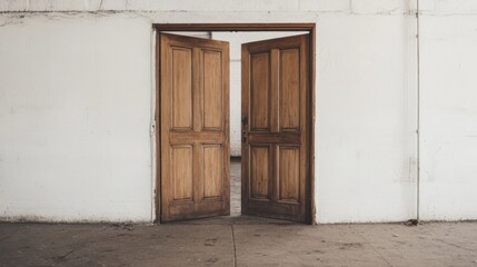 Open wooden doors in a white room.