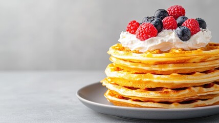 International waffle day with celebration and recipe idea. Stacked waffles topped with berries and whipped cream.