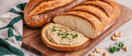 A freshly baked loaf of bread is sliced, revealing smooth spread inside, garnished with herbs, and presented on a wooden cutting board.