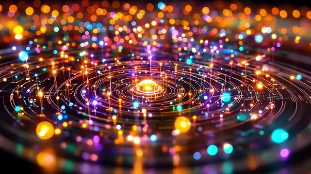 An intricate array of networking chips and components showcasing bright lights that blink rhythmically illustrating the constant communication between machines enabled by 5G technology.