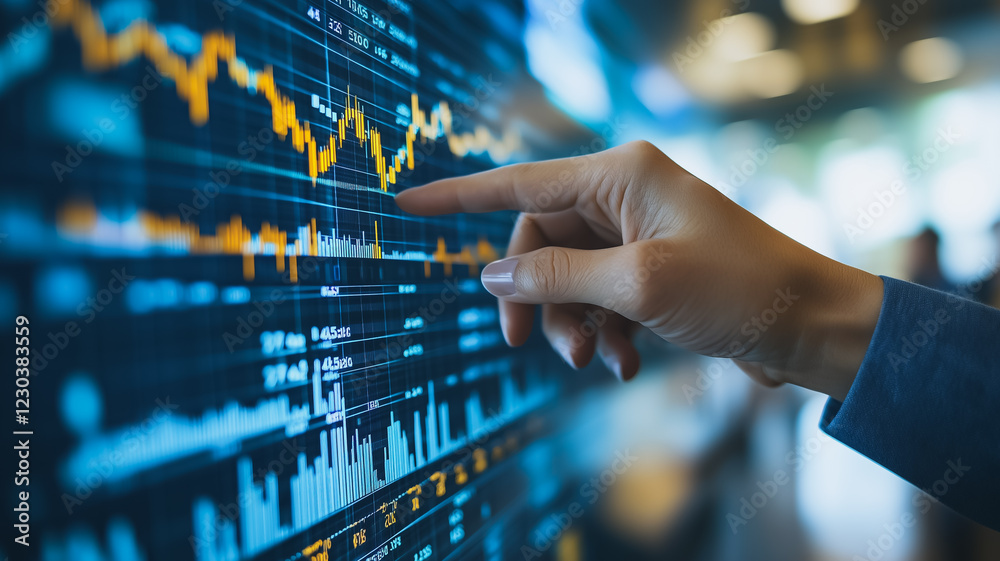 Poster analyzing market trends: a hand points to fluctuating data on a large screen displaying dynamic stoc