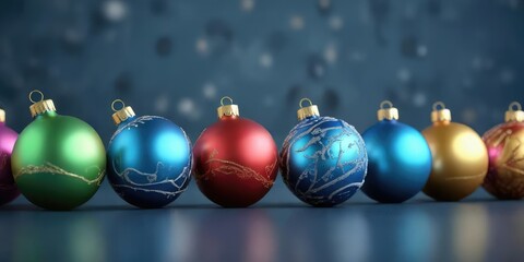 Row of colorful Christmas ornaments on a blue background with a festive holiday atmosphere, festive colors, winter landscape, Christmas ornaments