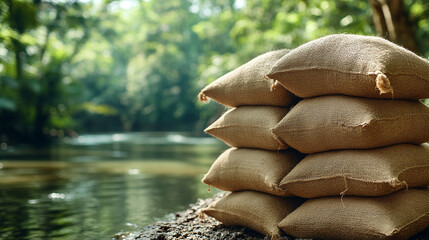 Sandbags lined along a riverbank representing flood resilience and water mitigation efforts in a modern, minimalistic scene with bright tones and empty caption space

