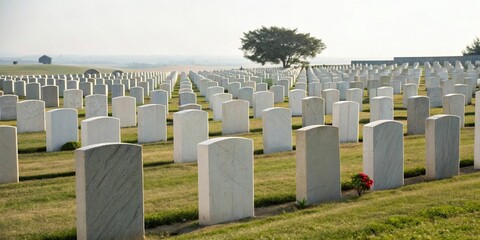 Rows of headstones in different shapes and sizes, uniformity, patriotic, memorial, structure, cemetery