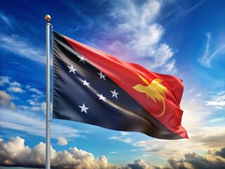 Papua New Guinea Flag Waving, National Symbol, PNG Flagpole, Independence Day, Oceania Flag