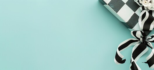 Black and white checkered Christmas gift with curling ribbon on blue surface