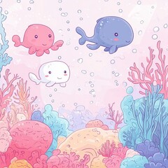Naklejka premium Cute Whales Swimming Amongst Pastel Coral Reefs