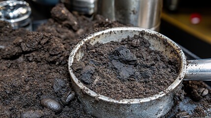 coffee grounds forming a puck in a portafilter, with a textured surface and hints of crema, hinting at a freshly brewed espresso, copy space. Coffee grounds, espresso machine Coffee grounds 