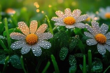 Dewdrops glistening on flowers and grass create a serene morning landscape
