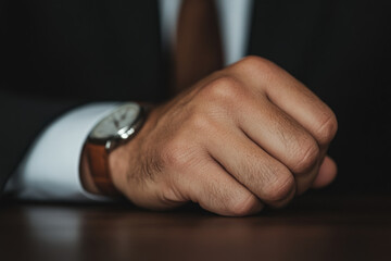 A man wearing a suit and tie is holding his hand up in a fist
