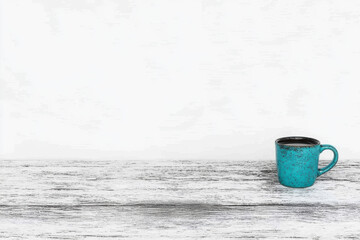 A blue coffee mug sits on a wooden table