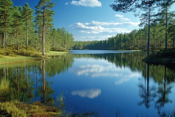 A calm lake surrounded by pine trees, reflecting the blue sky