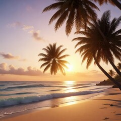 Sandy beach at sunset with a lone palm tree swaying in the breeze, serene coastal, gentle waves, sunset