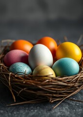 Naklejka premium Close-up of colorful easter eggs on straw nest against grey background easter egg holiday illustration celebration easter