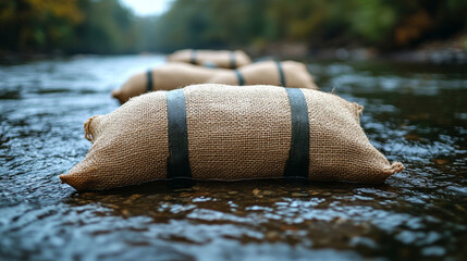 Sandbags lined along a riverbank representing flood resilience and water mitigation efforts in a modern, minimalistic scene with bright tones and empty caption space

