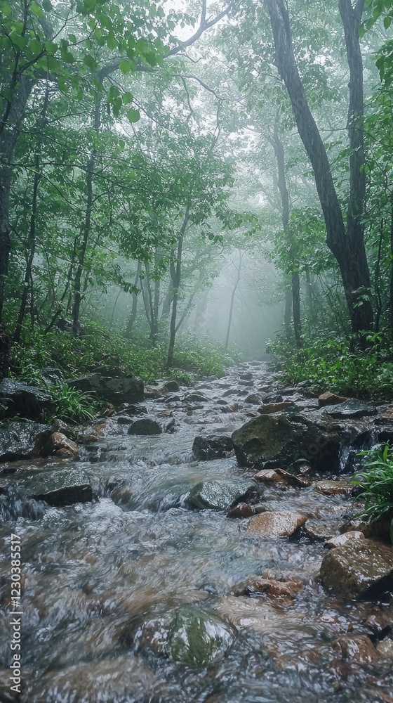Poster a mystical fog swirls through a lush forest, lightly veiling the rocks and stream below. nature's tr