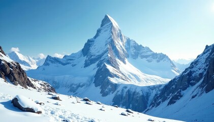 Obraz premium Majestic snow-capped peak towering above rocky terrain and ice formations, snowflakes, frosty air, alpine landscape