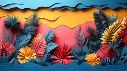 Vibrant paper cut-out scenery featuring colorful tropical plants against a sunset backdrop