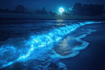 A calm ocean with bioluminescent waves glowing softly under the light of a full moon, the scene serene and magical, creating a tranquil nightscape