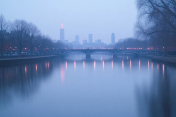 Fototapeta premium A city with a river running through it and a bridge over it