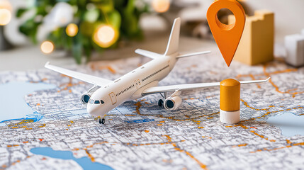 Travel Inspiration: A miniature airplane rests on a detailed map, its wings outstretched as a pin marks its destination. The image evokes a sense of wanderlust and adventure.