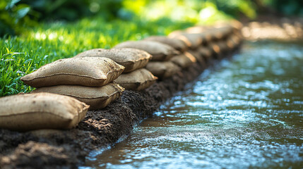 Sandbags lined along a riverbank representing flood resilience and water mitigation efforts in a modern, minimalistic scene with bright tones and empty caption space
