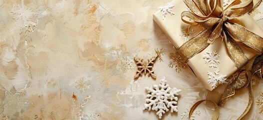 Christmas background with golden gifts and snowflake decorations