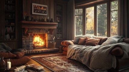 Cozy cabin living room with fireplace, bookshelves, and large window overlooking autumn woods.