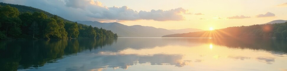 Fototapeta premium Serene lake surface reflected in stillness of afternoon sky, serenity, sunshine
