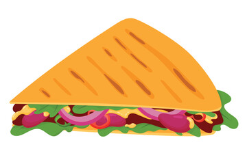 Tasty quesadilla cartoon illustration isolated on white background. Mexican fast-food snack, street food take away tex mex meal. Tortilla sandwich with meat, beans, melted cheese and vegetables