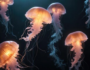 Obraz premium shimmering translucent jellyfish forms floating on dark ocean surface with soft light, shimmering jellyfish, marine life, jellyfish form