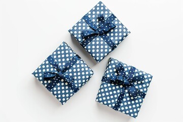 Obraz premium Christmas flat lay with blue and white snowflake-patterned gift boxes