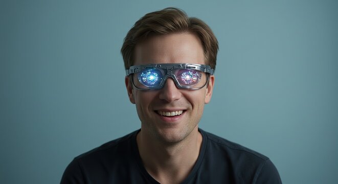 Futuristic Smart Glasses Smiling Man with Holographic Display - Technology Innovation Portrait.