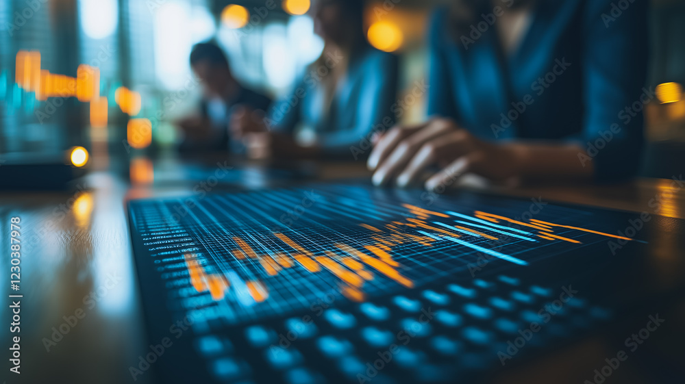 Poster financial data analysis:teamwork and technology in finance. close-up shot of hands interacting with 