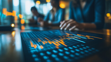 Financial Data Analysis:Teamwork and Technology in Finance. Close-up shot of hands interacting with a digital interface displaying dynamic financial data charts and graphs.