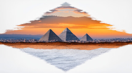 Pyramids at Sunset: surreal landscape photography of three majestic pyramids against a vibrant sunset, framed in a unique diamond shape, creating a dreamlike and mystical atmosphere. 