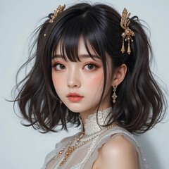 Elegant Girl Portrait: Soft Lighting, Dark Hair, Golden Accents