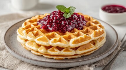 International waffle day with celebration and recipe idea. Delicious waffle topped with berry jam and mint garnish.