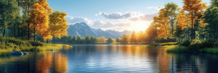 Naklejka premium Stunning autumn landscape featuring a serene lake and vibrant foliage at sunrise