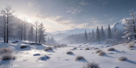 Snowflakes gently falling on a serene winter landscape, winter scene , snowfall