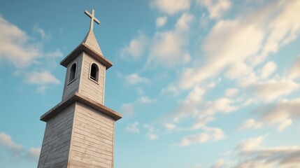 Rustic wooden church steeple against cloudy sky