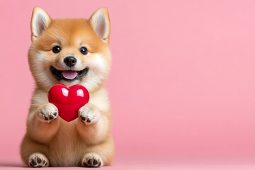 Commercial creative. Finnish spitz - my beloved dog. Cute finnish spitz canine with diamond red heart - emblem of love, funny greeting card. Dog with love sign. Romantic dog valentines.