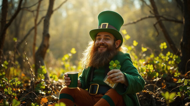 Happy leprechaun celebrating Saint Patrick's Day in a green forest. Cheerful realistic gnome dressed in green costume