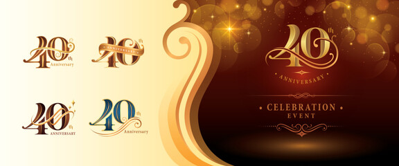 Set of 40th Anniversary logotype design, Forty years Anniversary Logo, Elegant Classic Logo, Luxury Vintage and retro Serif Number 40, Celebrating Anniversary Logo for Congratulation event, invitation